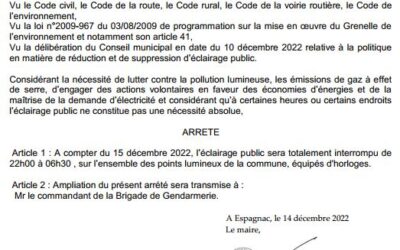 A compter du 15 décembre 2022, l’éclairage public sera totalement interrompu de 22h00 à 06h30 , sur l’ensemble des points lumineux de la commune, équipés d’horloges.