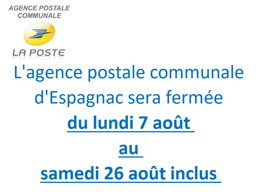 Fermeture de l’Agence Postale communale d’Espagnac du 07 au 26 août 2023